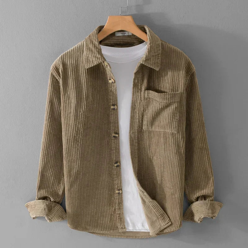 Comfortable men's corduroy long sleeve shirt, featuring a classic button-up front and a stylish fit for casual wear.