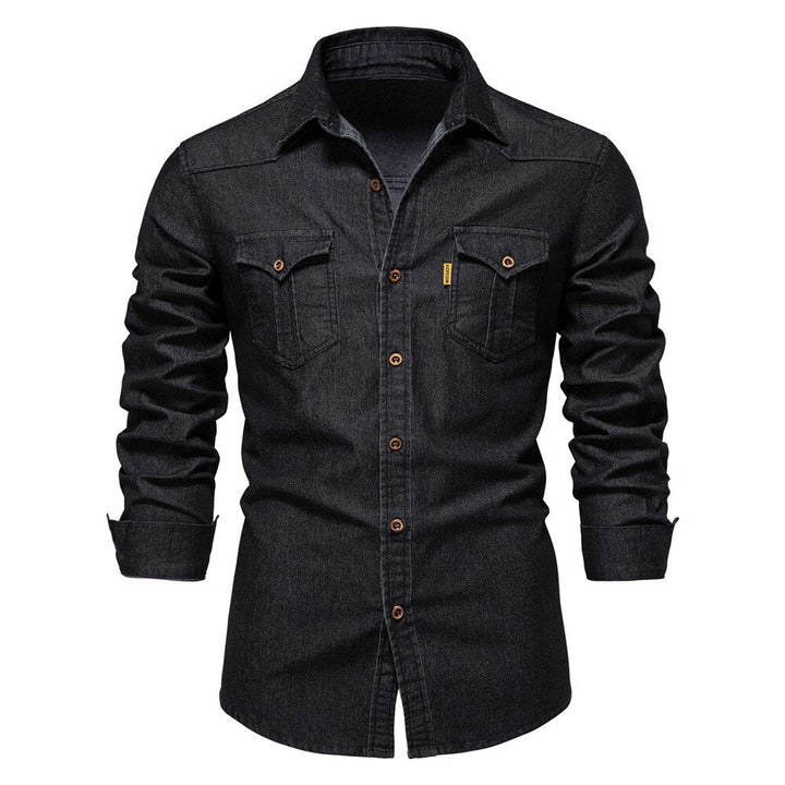 Men's classic long-sleeve denim button-up shirt. Versatile everyday casual fashion for a timeless look.