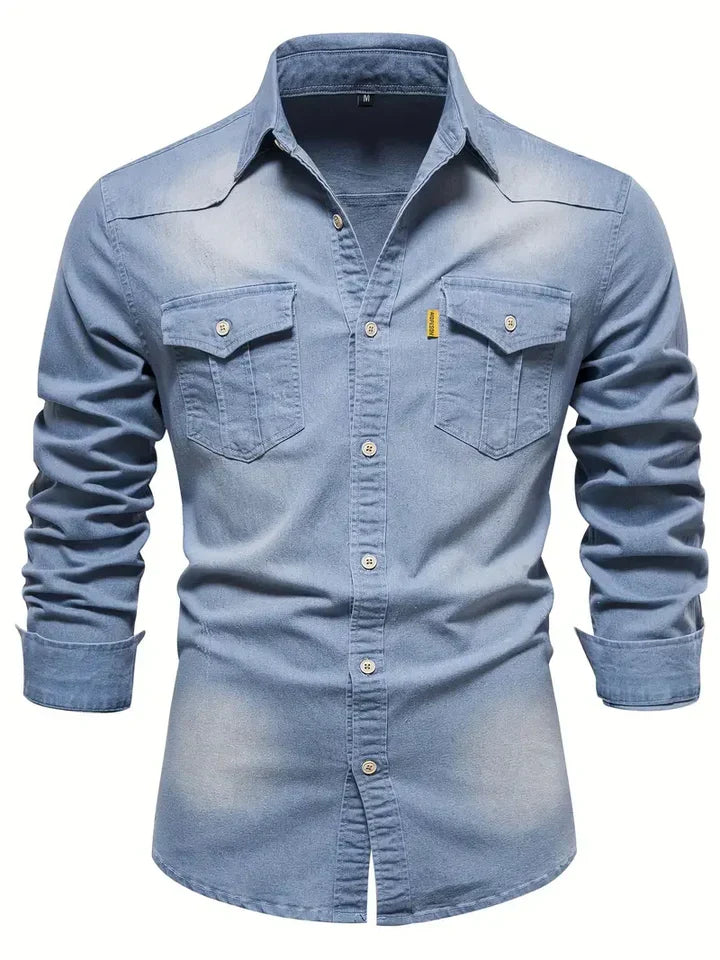 Stylish men's denim shirt, a classic button-up with long sleeves, perfect for versatile casual outfits.