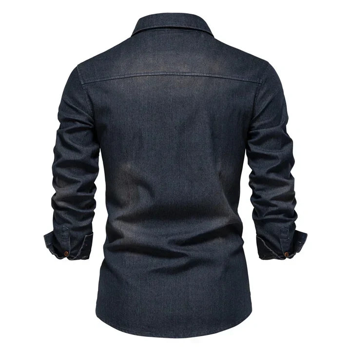 Comfortable men's denim button-up shirt with long sleeves, excellent for everyday casual fashion.