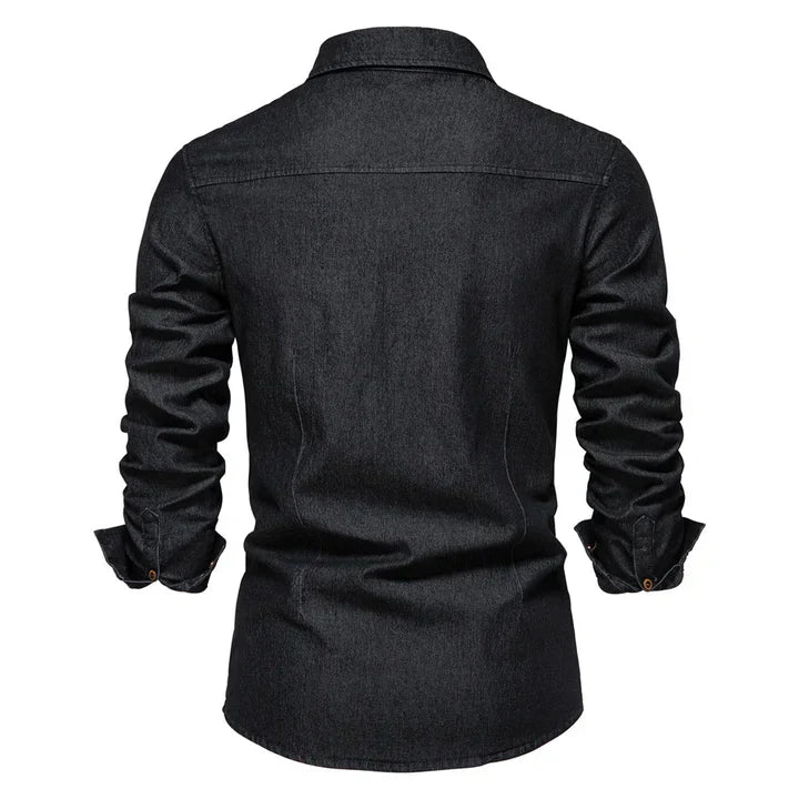 Men's long-sleeve denim shirt, a timeless classic button-up, essential for modern men's casual fashion.