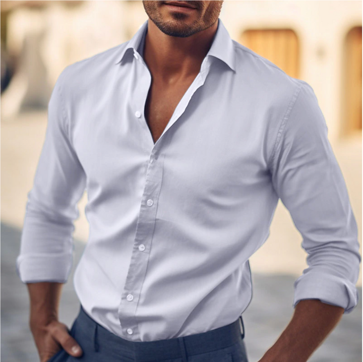 Versatile men's long sleeve dress shirt, suitable for both professional and casual outfits.