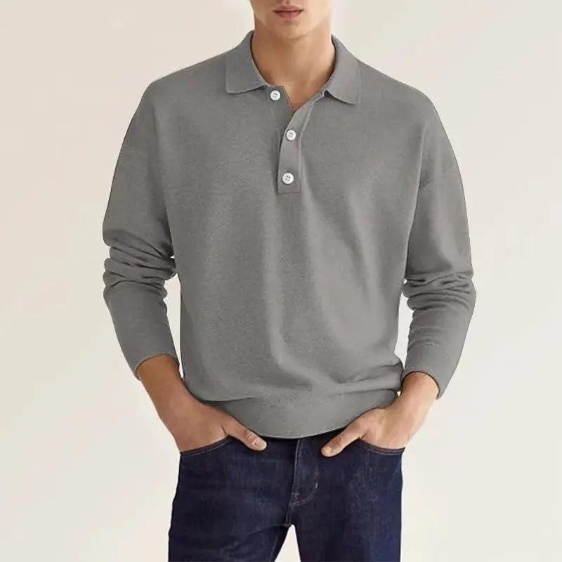 Man wearing a stylish & comfortable long-sleeve polo shirt, ideal for smart-casual everyday wear.