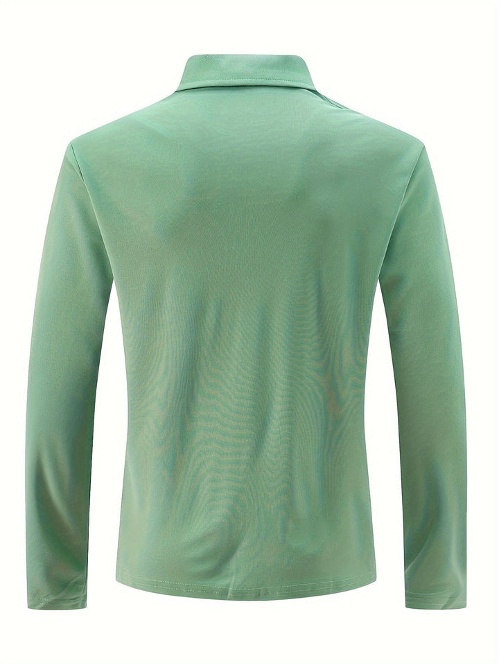 Breathable men's long-sleeve polo shirt, designed for year-round comfort and wear.