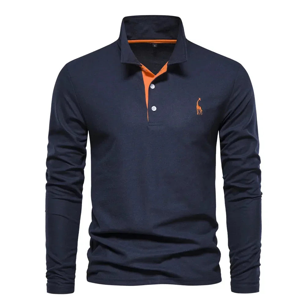 Comfortable men's long sleeve polo shirt, ideal for fall & spring casual outfits. Classic button-up style.