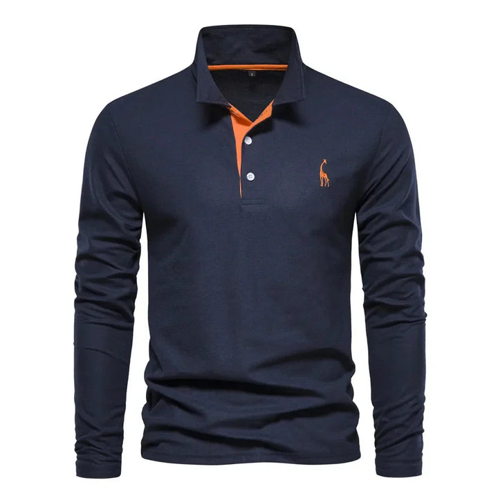 Comfortable men's long sleeve polo shirt, ideal for fall & spring casual outfits. Classic button-up style.