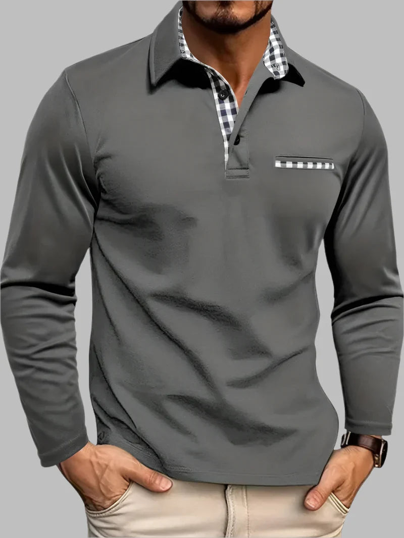 Men's classic long sleeve polo shirt, tailored fit for summer, breathable cotton blend.