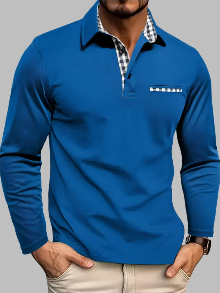 New3 men's classic long sleeve polo shirt. Tailored fit, breathable cotton blend, and button placket for summer.
