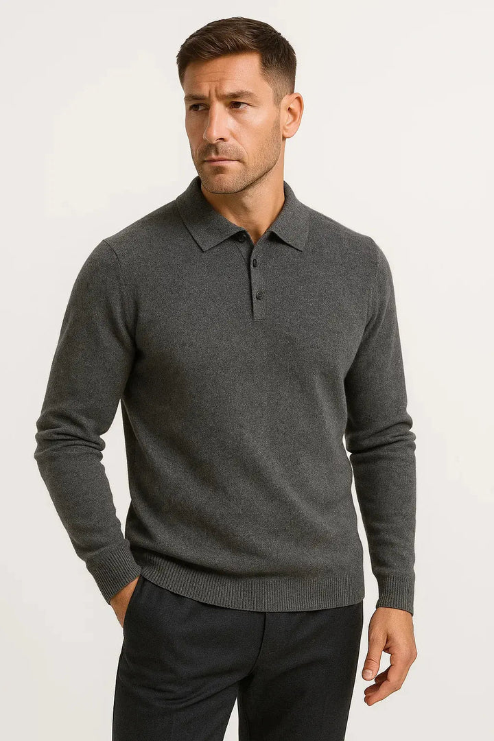 Men's classic long sleeve polo sweater, refined knit style, perfect for business casual or elegant winter wear.