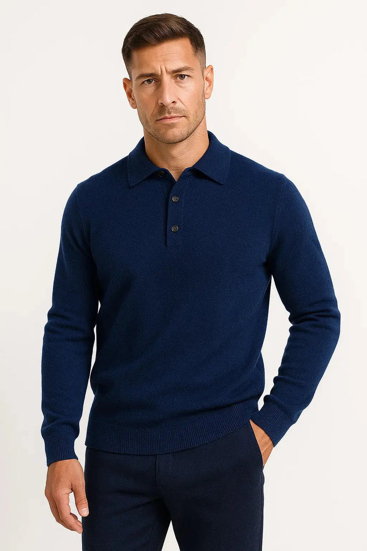 Classic men's long sleeve polo sweater, a timeless knit pullover for versatile business casual winter fashion.