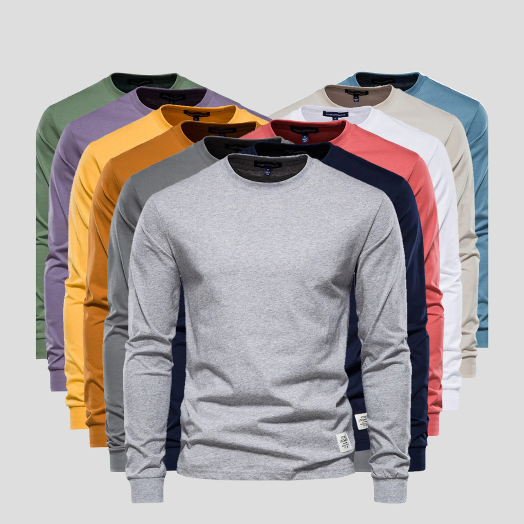 Men's classic long-sleeve round-neck shirt in soft cotton, perfect for comfortable everyday wear & casual style.