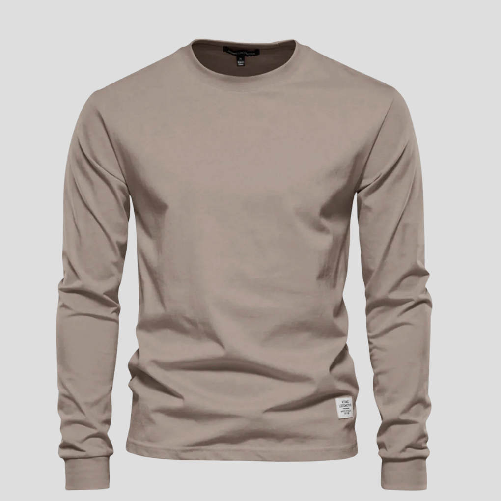 Clean design men's long-sleeve round-neck shirt, perfect for a sleek, comfortable, and versatile classic everyday look.