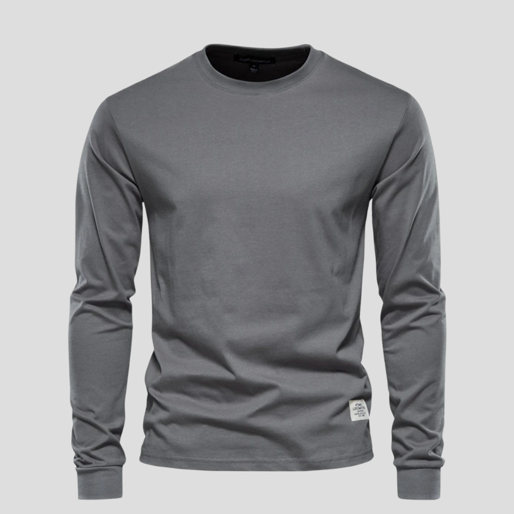 Essential men's long-sleeve crew neck shirt, a wardrobe staple for versatile everyday wear, comfort, and classic style.