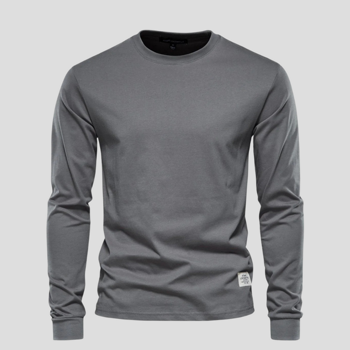 Essential men's long-sleeve crew neck shirt, a wardrobe staple for versatile everyday wear, comfort, and classic style.