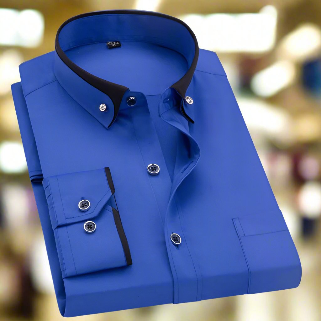 Crisp, new men's classic long-sleeve shirt, showcasing its premium quality & tailored design.