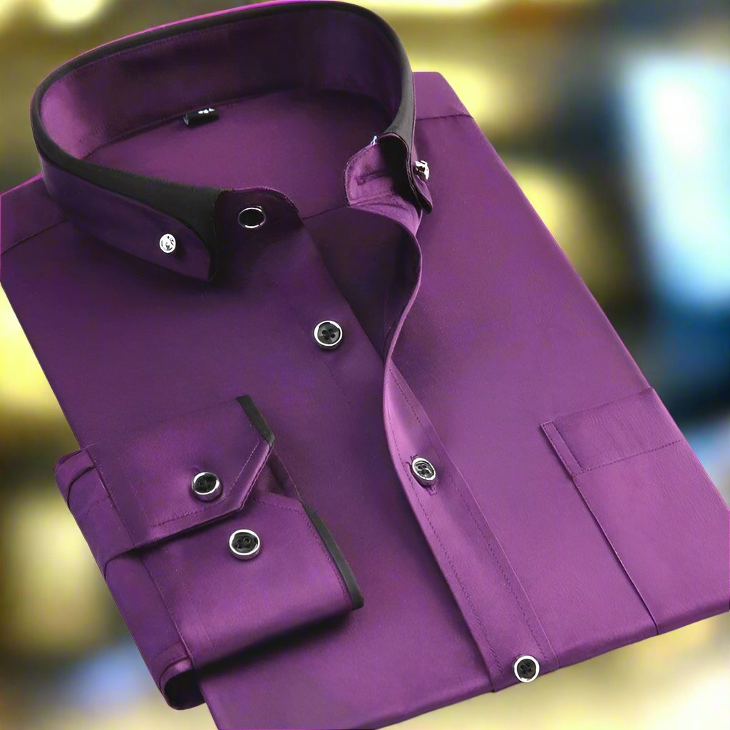 Close-up of classic men's long-sleeve shirt collar and cuff, highlighting smart details.