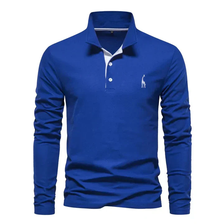 Close-up: Men's long-sleeve polo shirt, button placket, classic collar, subtle embroidered logo.