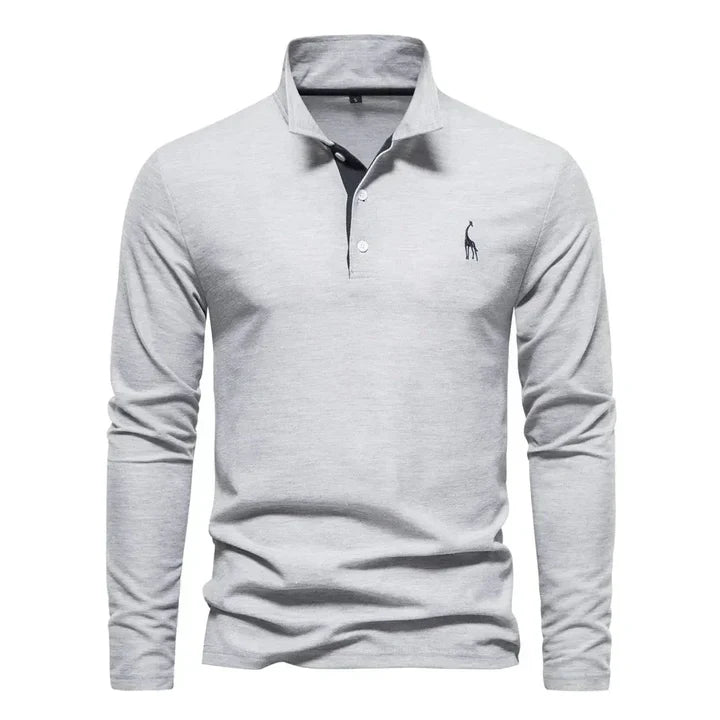 Model wearing men's classic long-sleeved polo shirt, ideal for versatile everyday fashion and comfort.