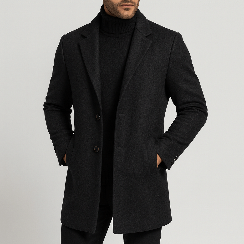 Men's classic longline overcoat in a rich fabric, perfect for elegant winter fashion & formal occasions.