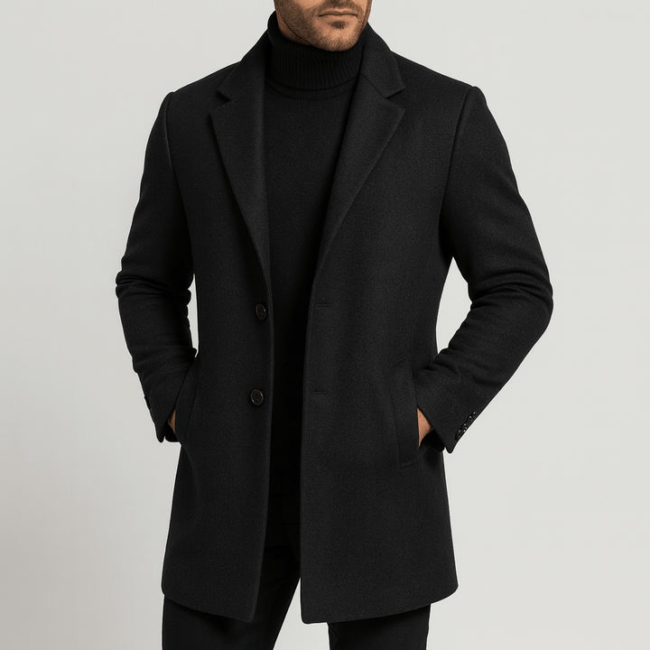 Men's classic longline overcoat in a rich fabric, perfect for elegant winter fashion & formal occasions.