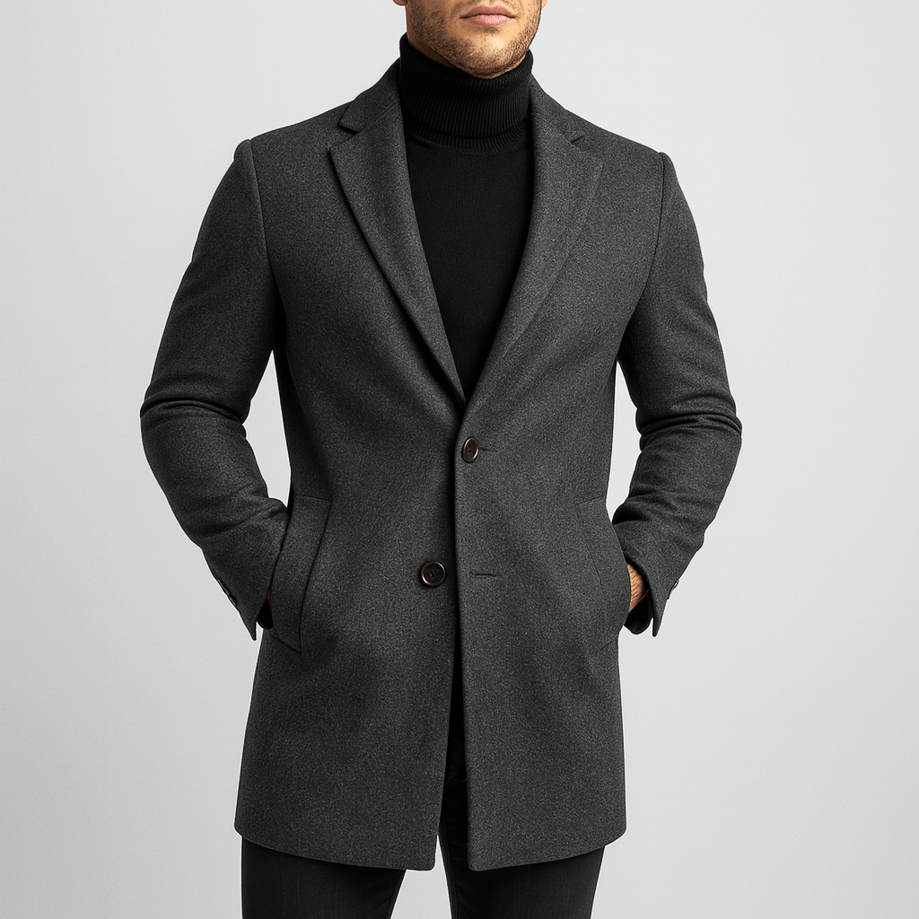 Warm men's longline overcoat, ideal for smart casual or formal winter outerwear, offering elegant cold weather style.
