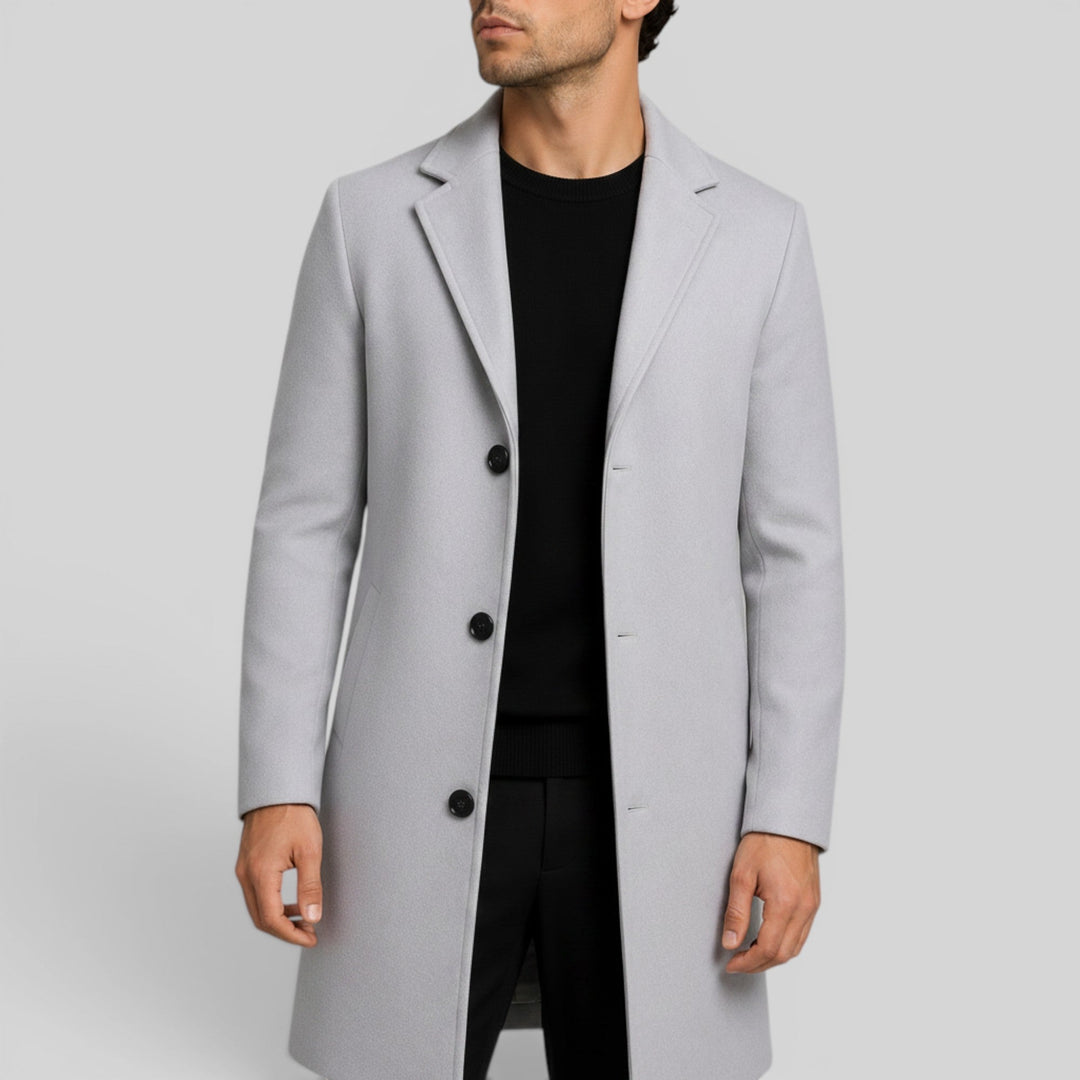 Men's classic mid-length trench coat, elegant winter overcoat.