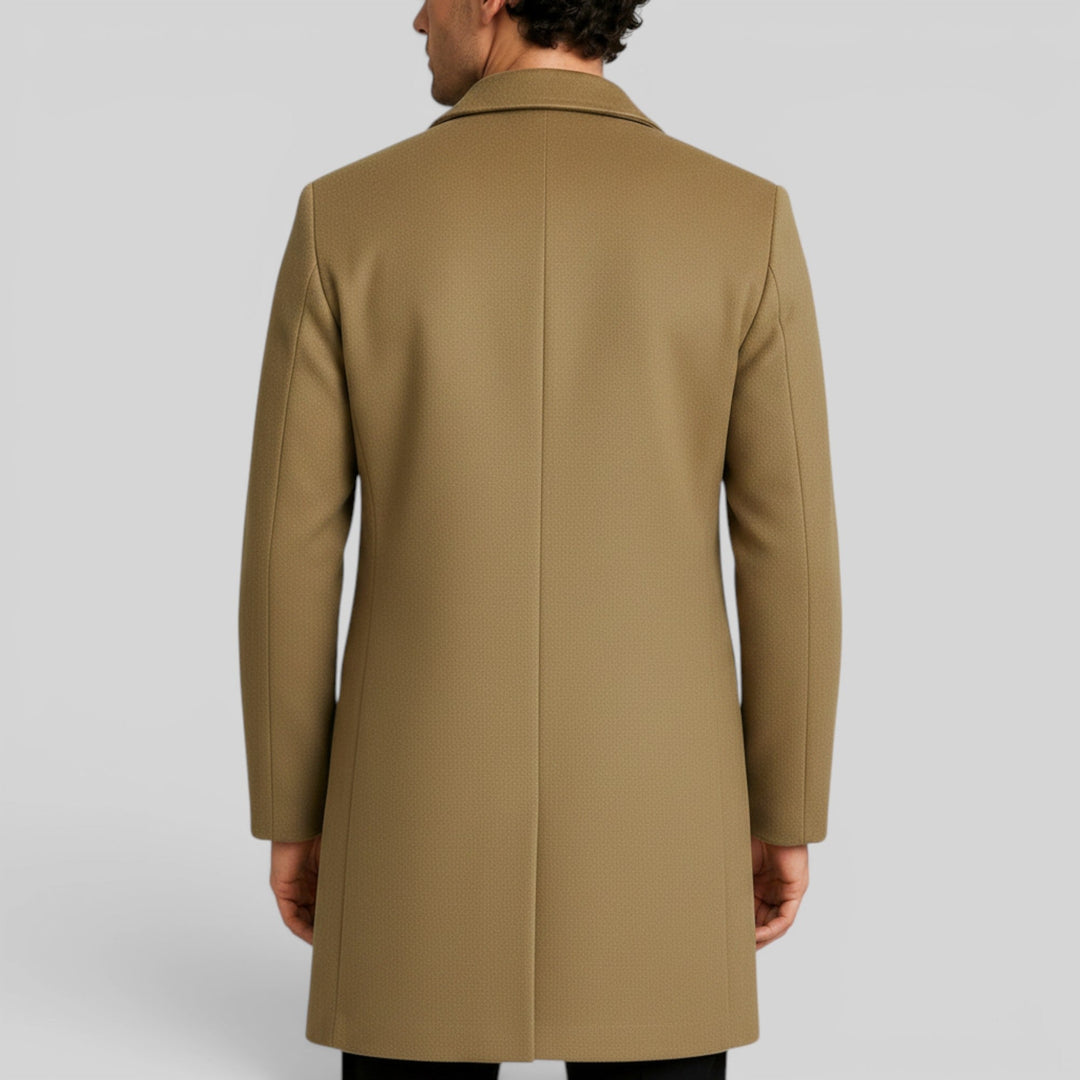Men's classic button-front trench coat, elegant and warm mid-length winter outerwear.