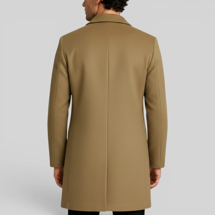 Men's classic button-front trench coat, elegant and warm mid-length winter outerwear.
