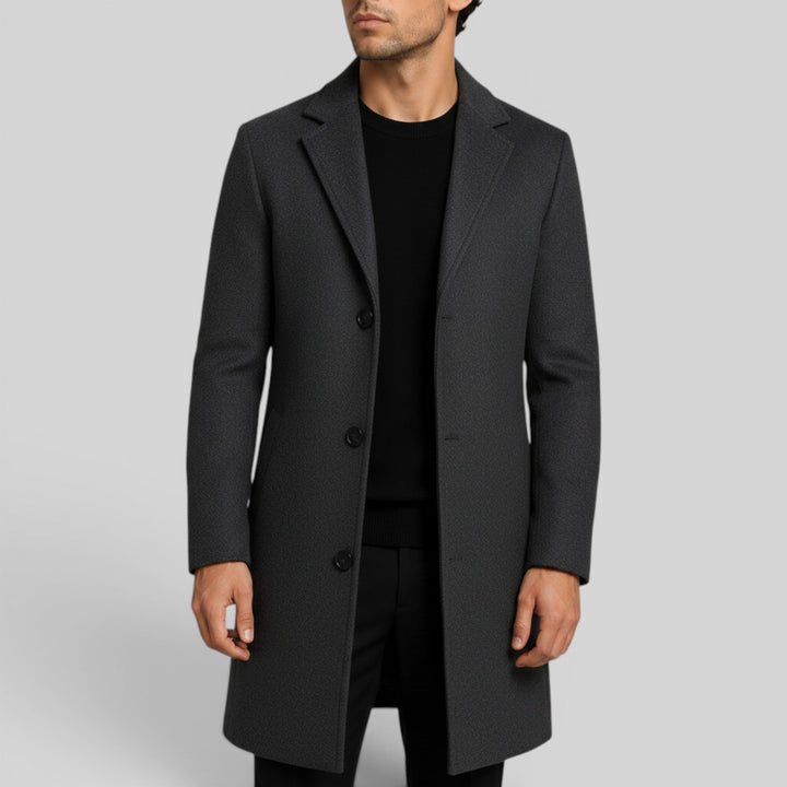 Sophisticated men's mid-length trench coat, a timeless classic style overcoat.