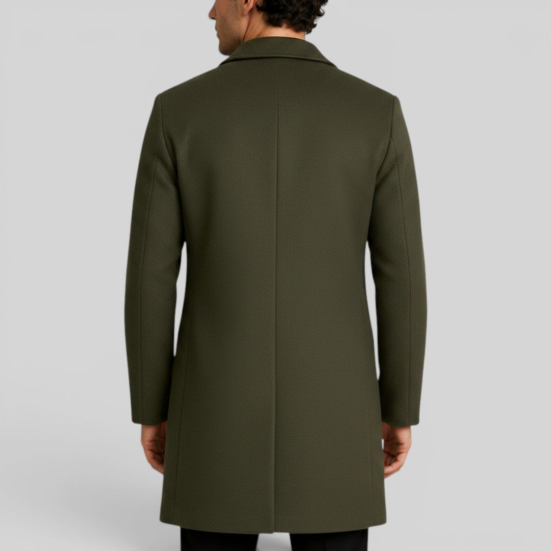 Men's winter fashion: Warm mid-length trench coat with classic button details.