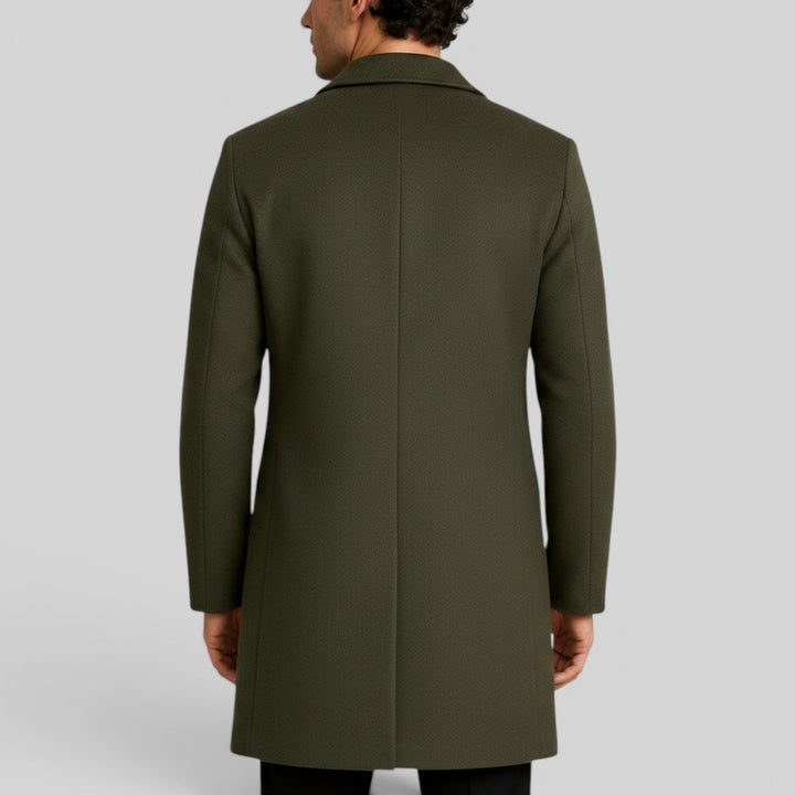 Men's winter fashion: Warm mid-length trench coat with classic button details.