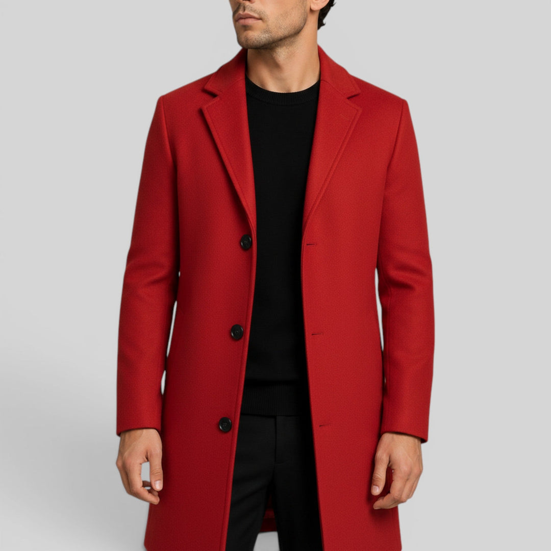 Front view: Men's button-front classic trench coat, regular fit.