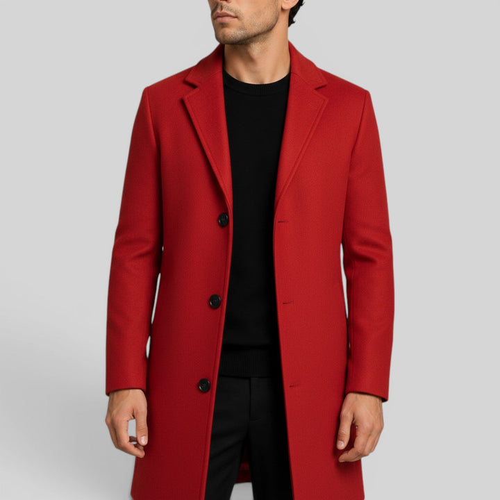 Front view: Men's button-front classic trench coat, regular fit.