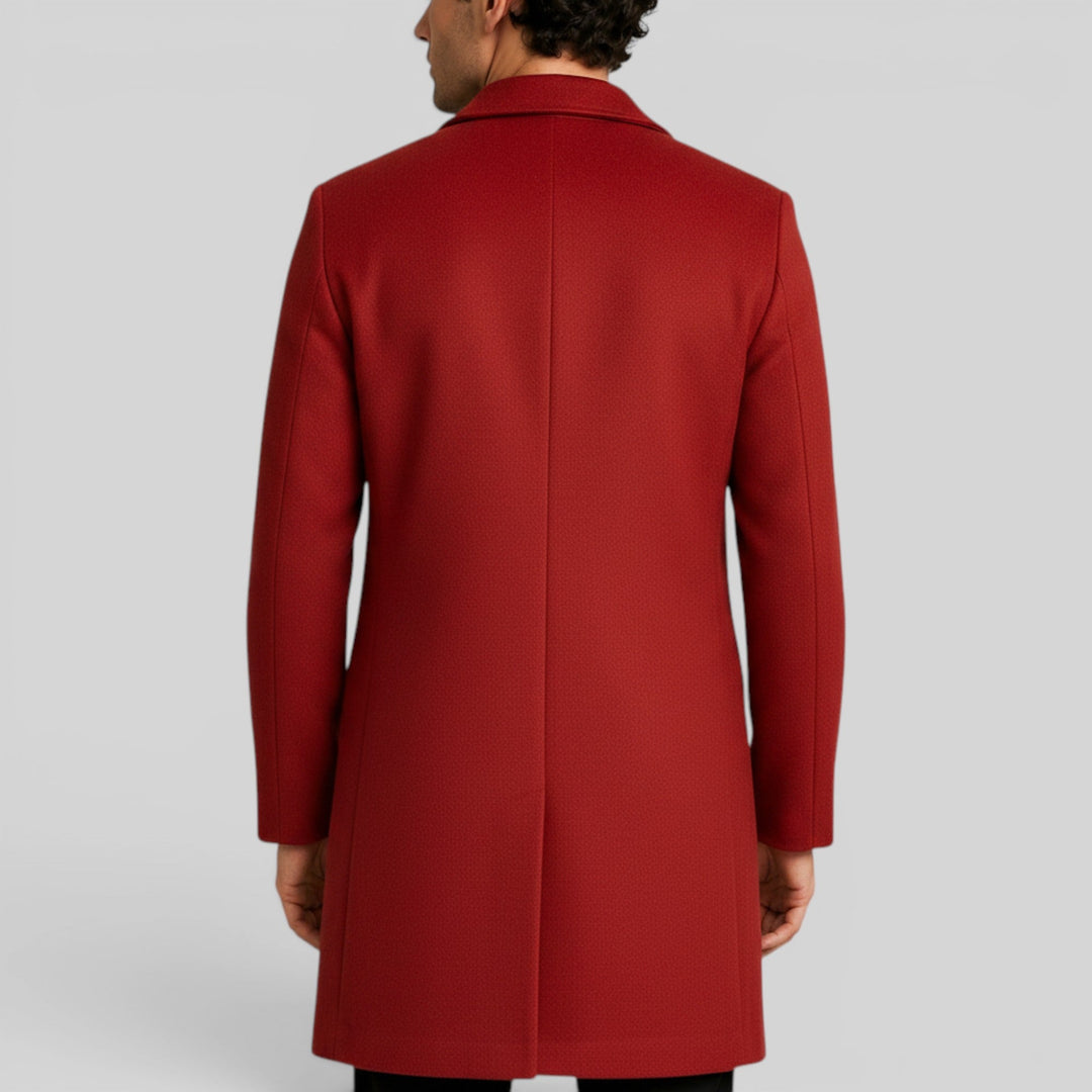 Elegant men's mid-length winter coat with sophisticated lapel collar.