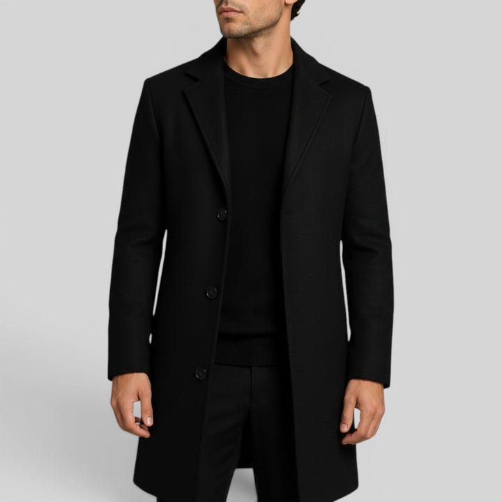 Stylish men's overcoat, classic mid-length trench for cold weather.