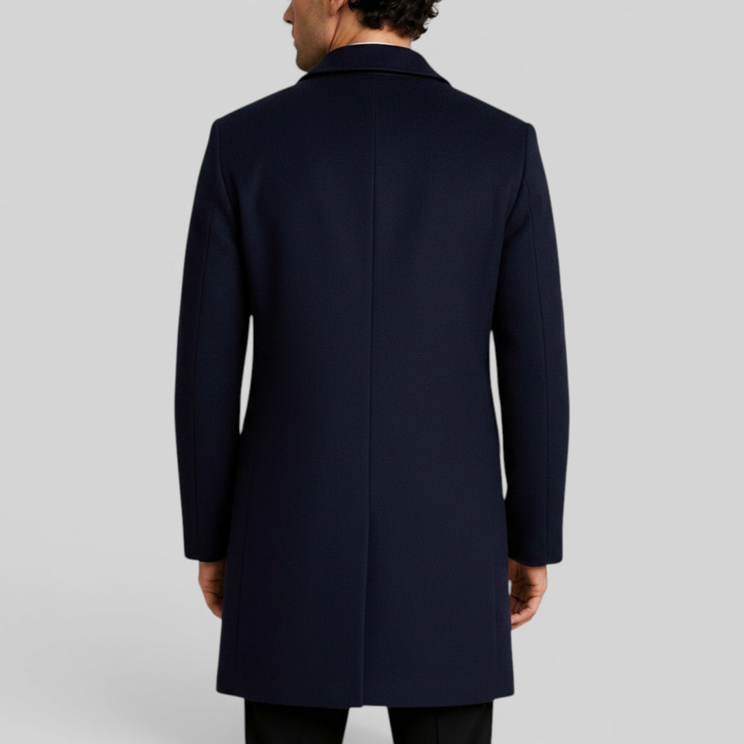 Men's elegant trench coat, classic mid-length style for sophisticated winter fashion.