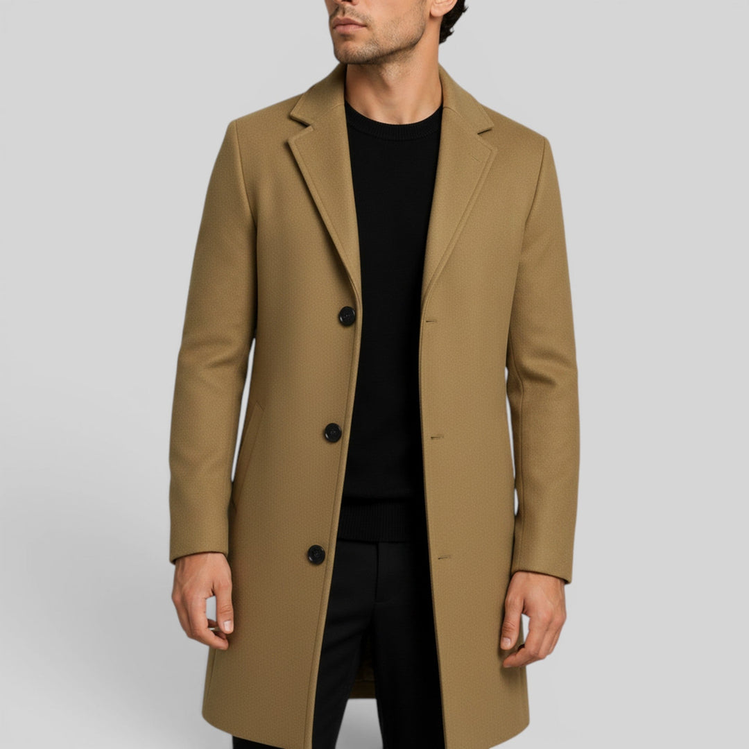 Warm men's overcoat, stylish mid-length trench for cold weather comfort.