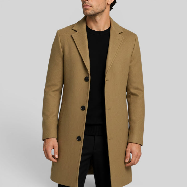 Warm men's overcoat, stylish mid-length trench for cold weather comfort.