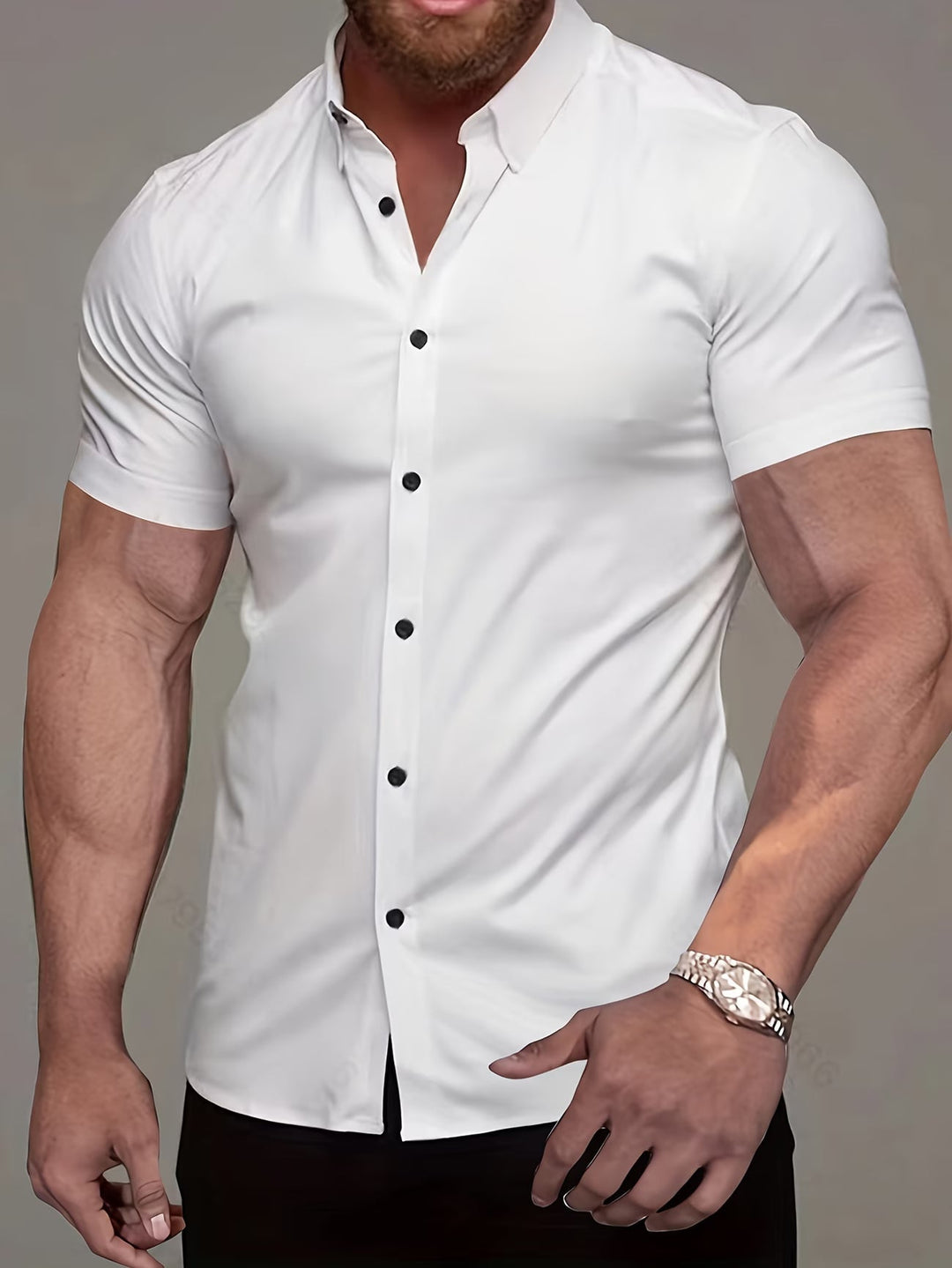Men's classic muscle fit button shirt, short sleeve, perfect for a confident smart casual look.