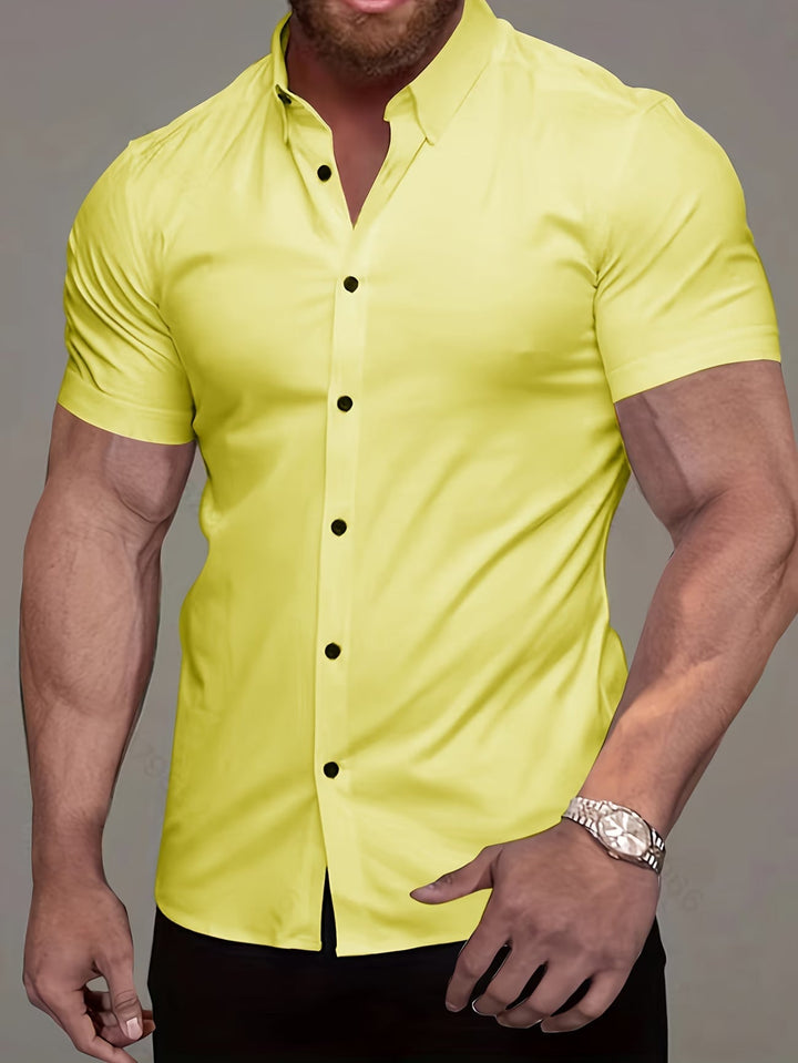 Stylish men's muscle fit short sleeve button shirt, ideal for modern casual and versatile everyday wear.
