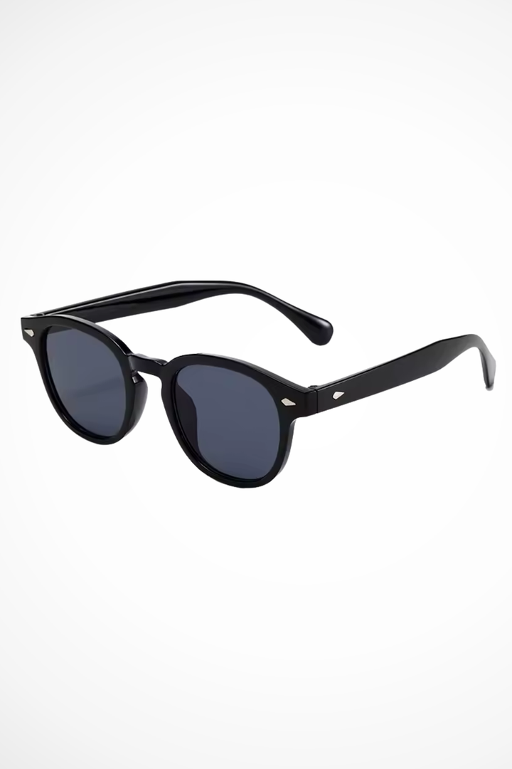 Stylish men's eyewear: oval thick frame sunglasses with dark tinted lenses.