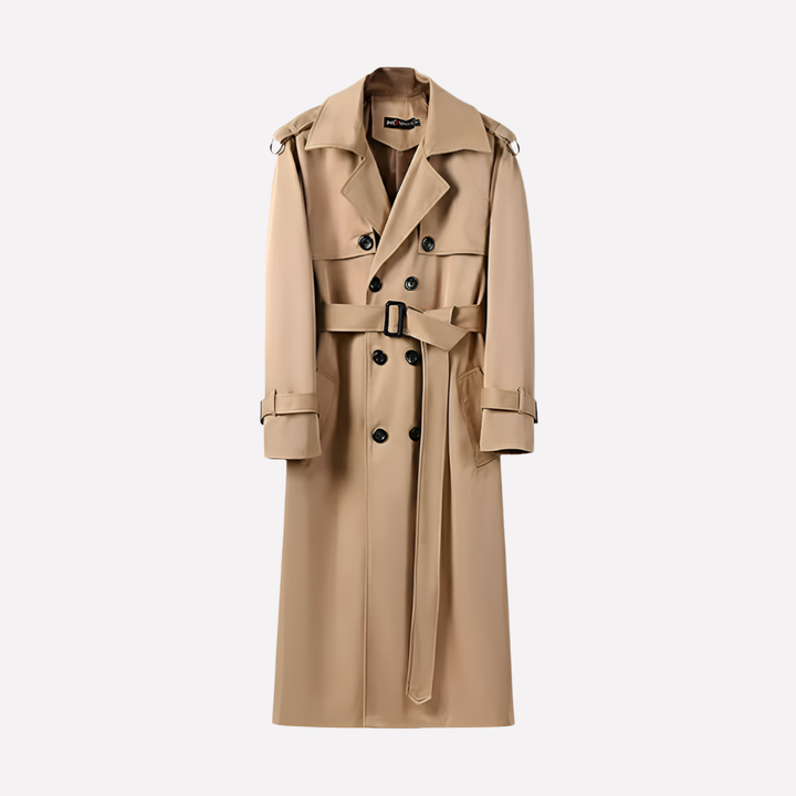 Men's classic over-the-knee belted trench coat, stylish outerwear for fall and winter fashion.