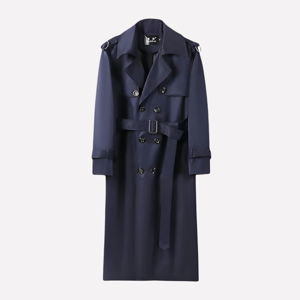 Stylish men's over-the-knee belted trench coat, a versatile long coat for formal or casual wear.