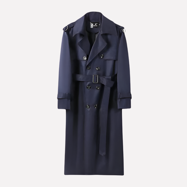 Stylish men's over-the-knee belted trench coat, a versatile long coat for formal or casual wear.