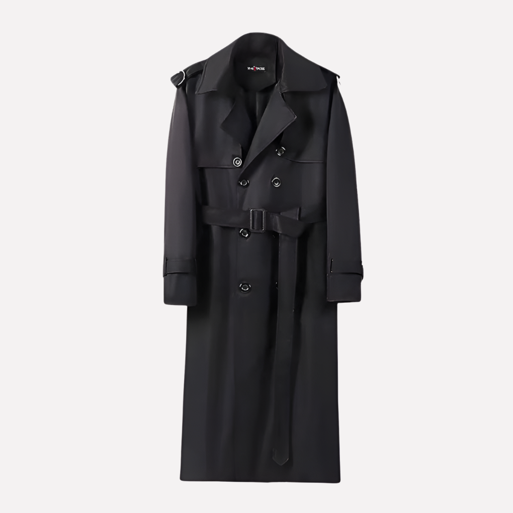 Long men's trench coat with belt, an over-the-knee style perfect for classic fall and winter outfits.