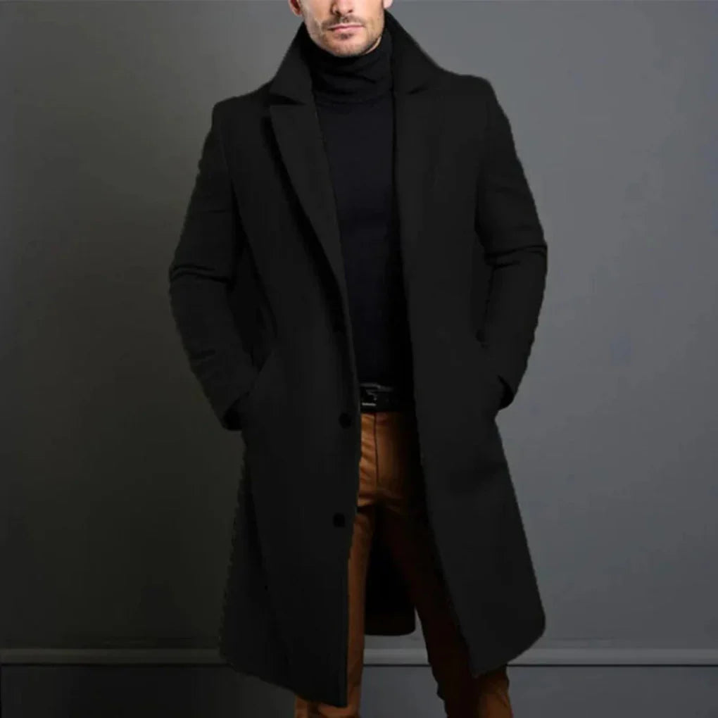 Men's classic overcoat, sophisticated longline outerwear for elegant winter fashion & formal occasions.