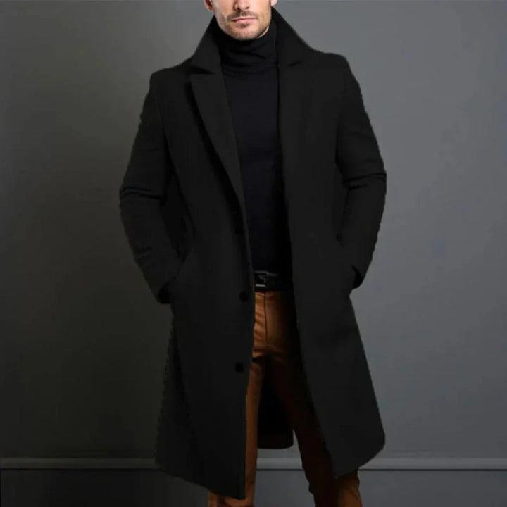 Men's classic overcoat, sophisticated longline outerwear for elegant winter fashion & formal occasions.