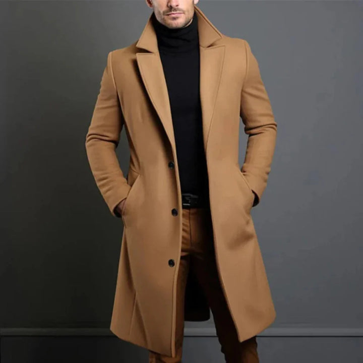 Modern men's elegant overcoat for cool seasons. Perfect business casual or formal men's style outerwear.