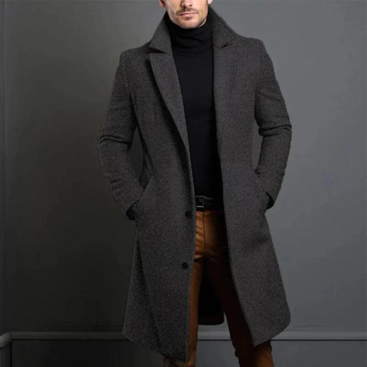 Classic men's overcoat, warm and stylish winter outerwear. Ideal for sophisticated cool weather men's fashion.