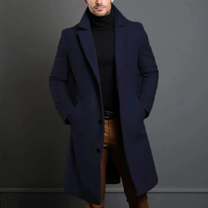 Stylish men's classic overcoat, modern elegance for cool seasons. Versatile longline formal & business outerwear.